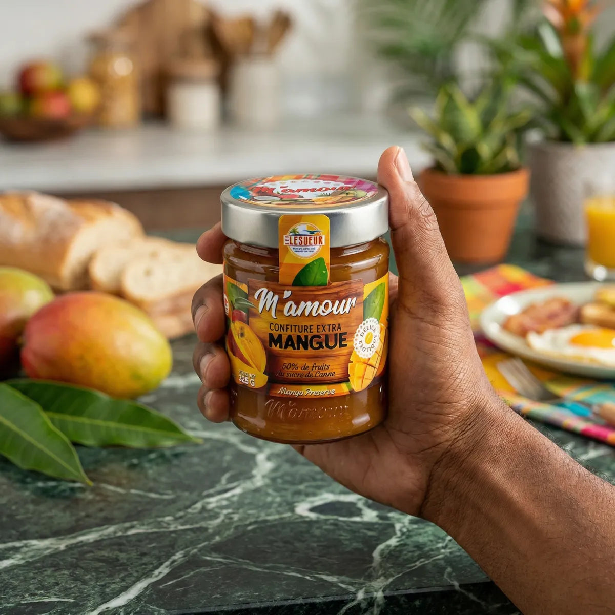 Mango jam by Lesueur, presented in a glass jar.