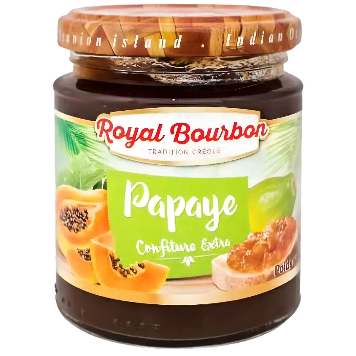 Pot de confiture de papaye ROYAL BOURBON avec étiquette verte tropicale, parfait pour l'épicerie sucrée et les tartines gourmandes.
