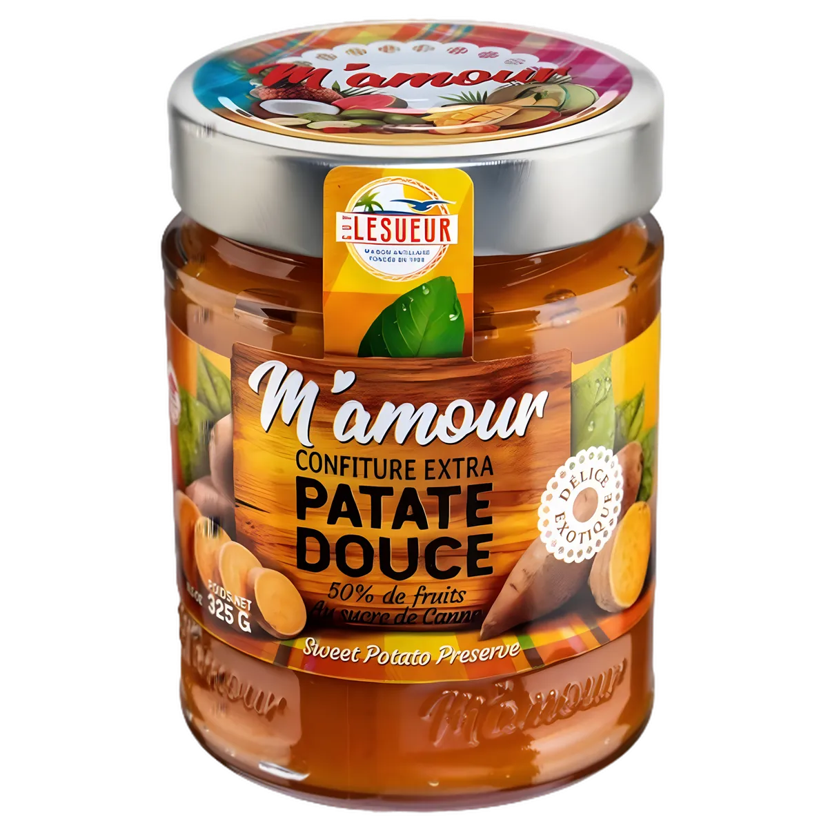 Confiture de patate douce M'AMOUR en pot de 325g, texture onctueuse et riche en fruits, idéale pour tartines et desserts gourmands.