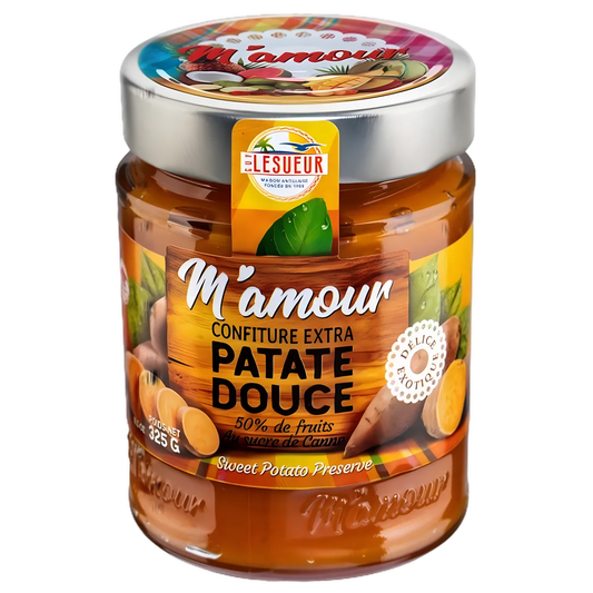 Confiture de patate douce M'AMOUR en pot de 325g, texture onctueuse et riche en fruits, idéale pour tartines et desserts gourmands.