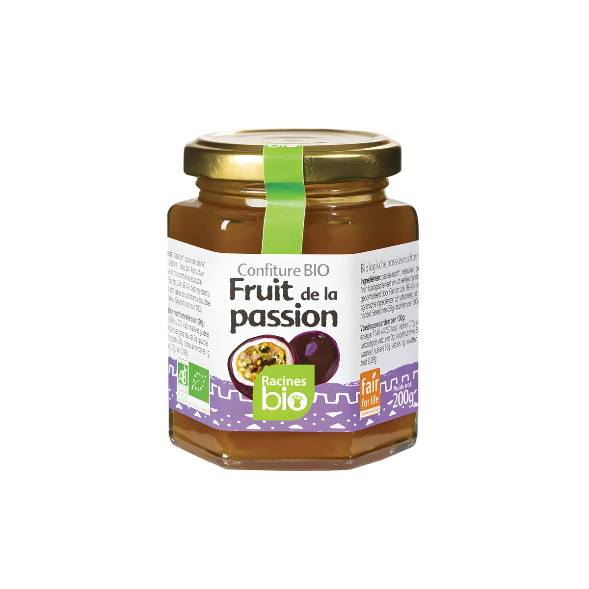 Pot de confiture fruit de la passion bio RACINES BIO, 200g, au goût exotique et onctueux. Produit sucré issu de l’agriculture biologique.