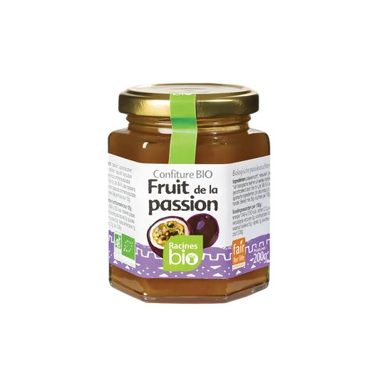 Pot de confiture fruit de la passion bio RACINES BIO, 200g, au goût exotique et onctueux. Produit sucré issu de l’agriculture biologique.