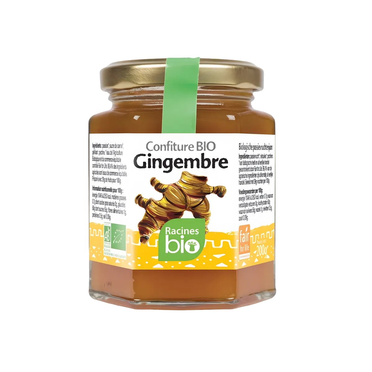Confiture Gingembre Racines Bio - Saveur Unique Artisanale en pot en verre de 200g, étiquette verte et dorée, produit d'épicerie sucrée bio.