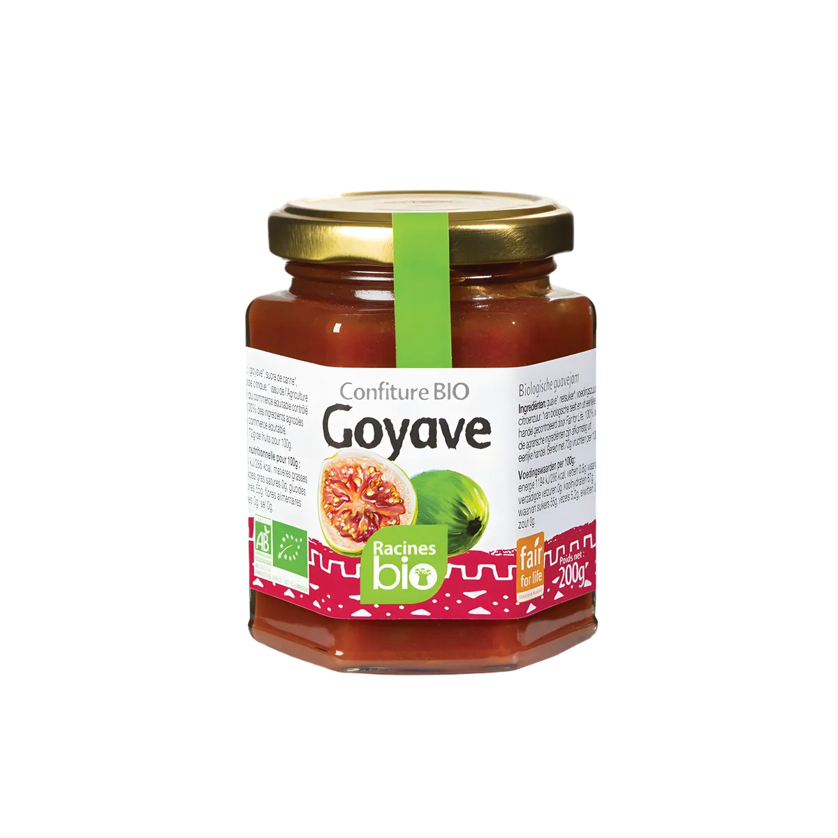 Pot de confiture goyave RACINES BIO 200g avec étiquette verte et dorée, texture onctueuse et 100% bio. Produit d'épicerie sucrée certifié.