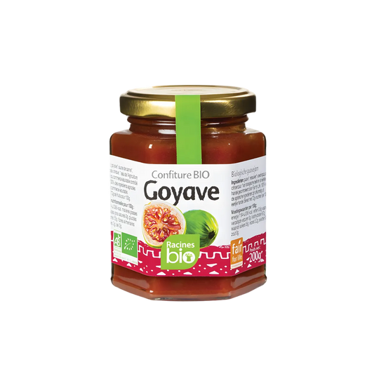 Pot de confiture goyave RACINES BIO 200g avec étiquette verte et rouge, confiture bio onctueuse pour épicerie sucrée et desserts.