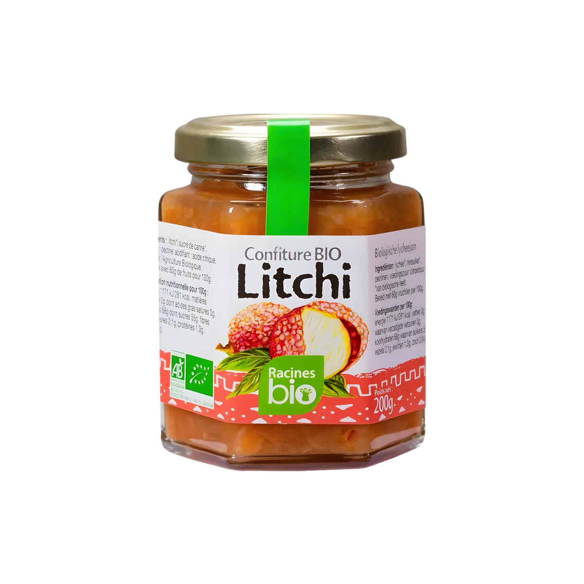Confiture Litchi RACINES BIO en pot hexagonal de 200g, étiquette colorée avec illustration de litchi, confiture bio onctueuse et fruitée.