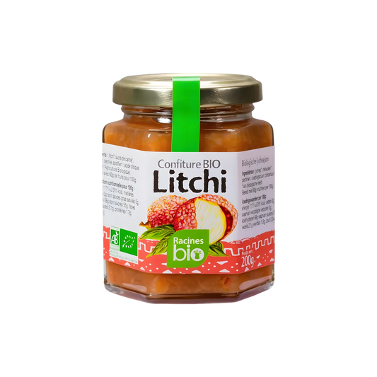 Confiture Litchi RACINES BIO en pot hexagonal de 200g, étiquette colorée avec illustration de litchi, confiture bio onctueuse et fruitée.