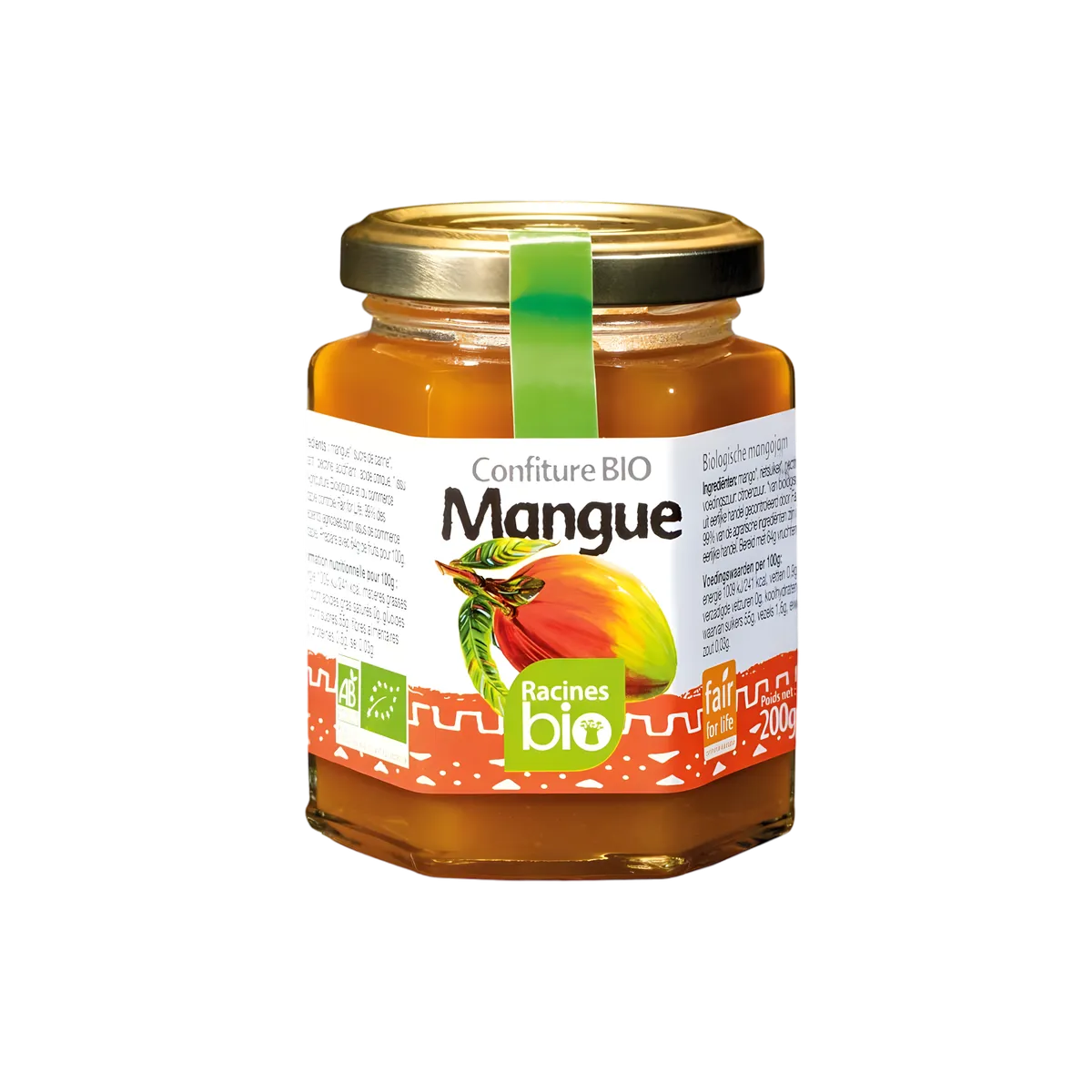 Pot de confiture mangue RACINES BIO 200g avec étiquette colorée, mangue illustrée et logo bio. Épicerie sucrée, goût tropical et naturel.