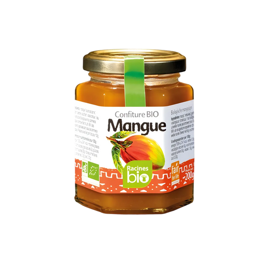 Pot de confiture mangue RACINES BIO 200g avec étiquette colorée, mangue illustrée et logo bio. Épicerie sucrée, goût tropical et naturel.