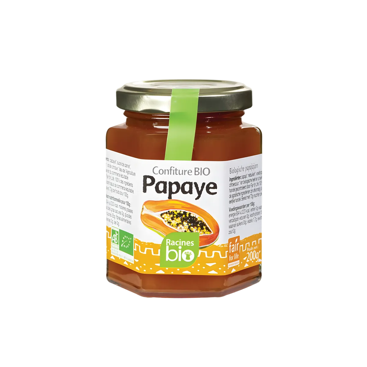 Pot de confiture papaye RACINES BIO avec étiquette verte, illustrant une papaye tranchée. Produit d'épicerie sucrée bio au goût fruité.