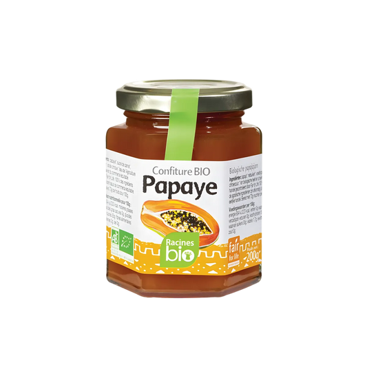Confiture papaye RACINES BIO en pot en verre de 200g, étiquette verte et orange illustrée d'une papaye, produit d'épicerie sucrée bio.