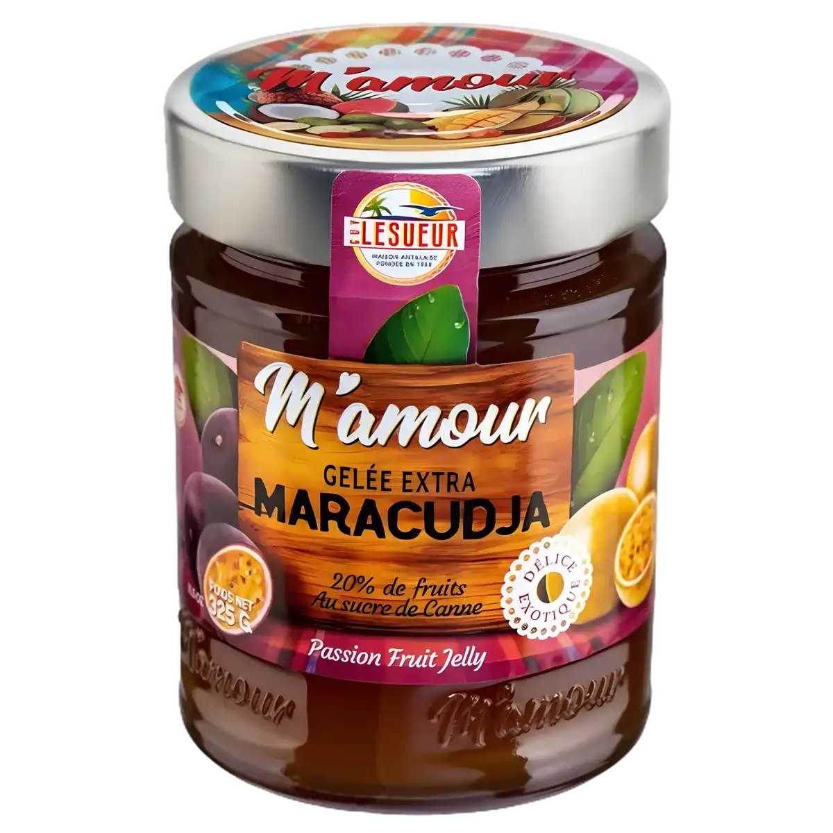 Confiture passion M'AMOUR - Fruits de la Passion authentique en pot de 325g, gelée extra au sucre de canne, idéale pour l'épicerie sucrée.
