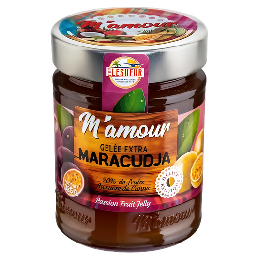 Pot de confiture passion M'AMOUR - Fruits de la Passion, gelée extra au maracuja avec 20% de fruits et sucre de canne, gamme épicerie sucrée.