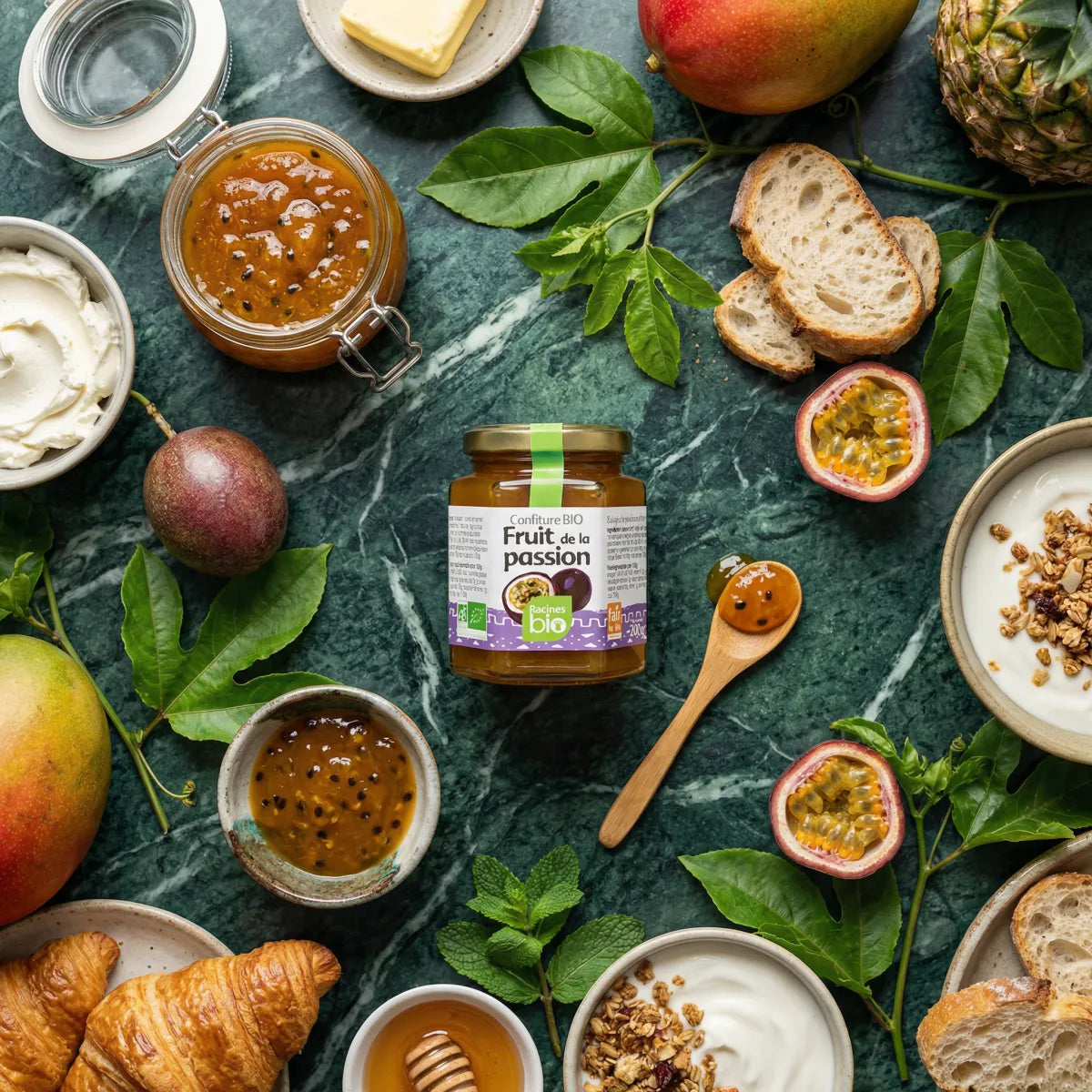RACINES BIO passion fruit jam 200g on a gourmet table with fresh fruit, bread.