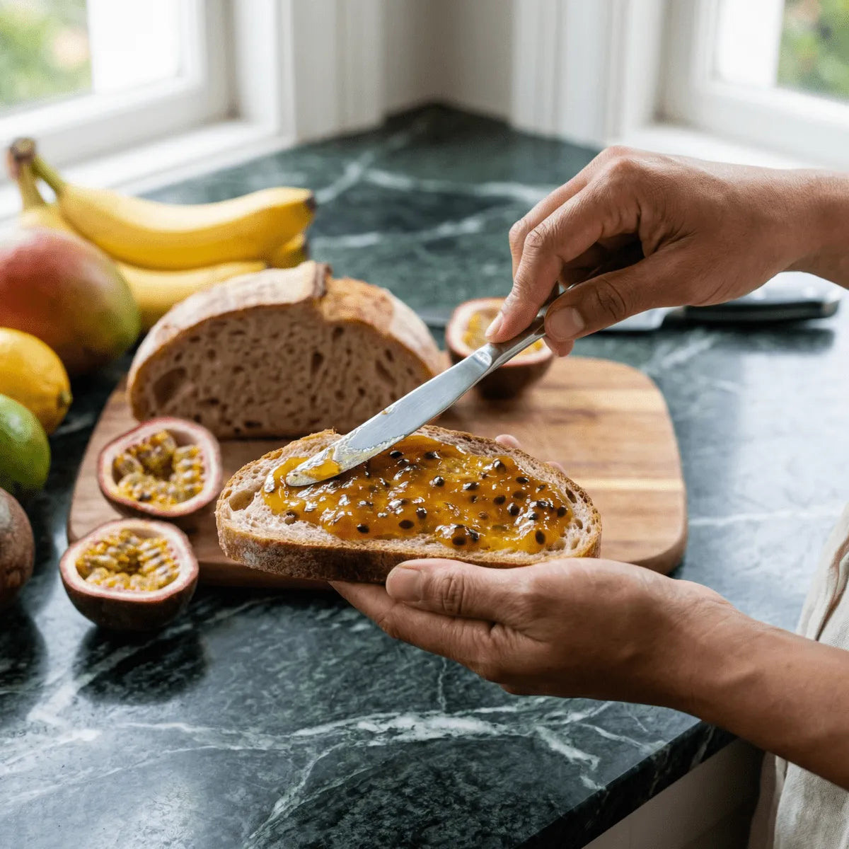 RACINES BIO passion fruit jam on a slice of bread. Exotic fruits and bread in the background.