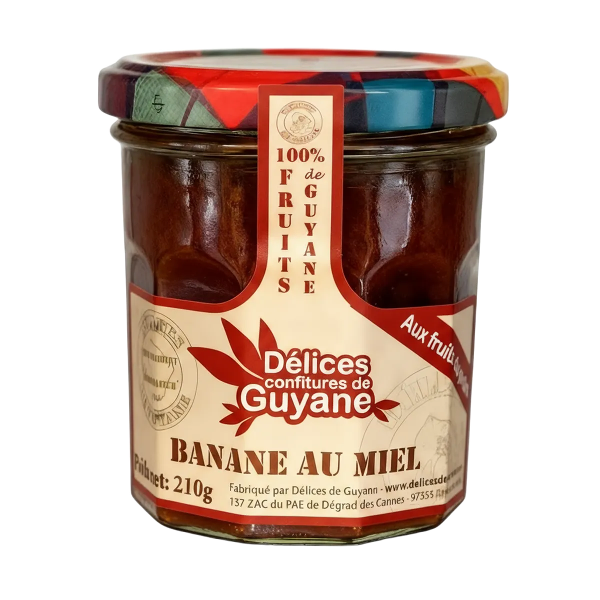 Confiture Banane Miel Guyane DÉLICES DE GUYANE 210g, pot en verre avec couvercle coloré, 100% fruits, texture onctueuse pour tartines.