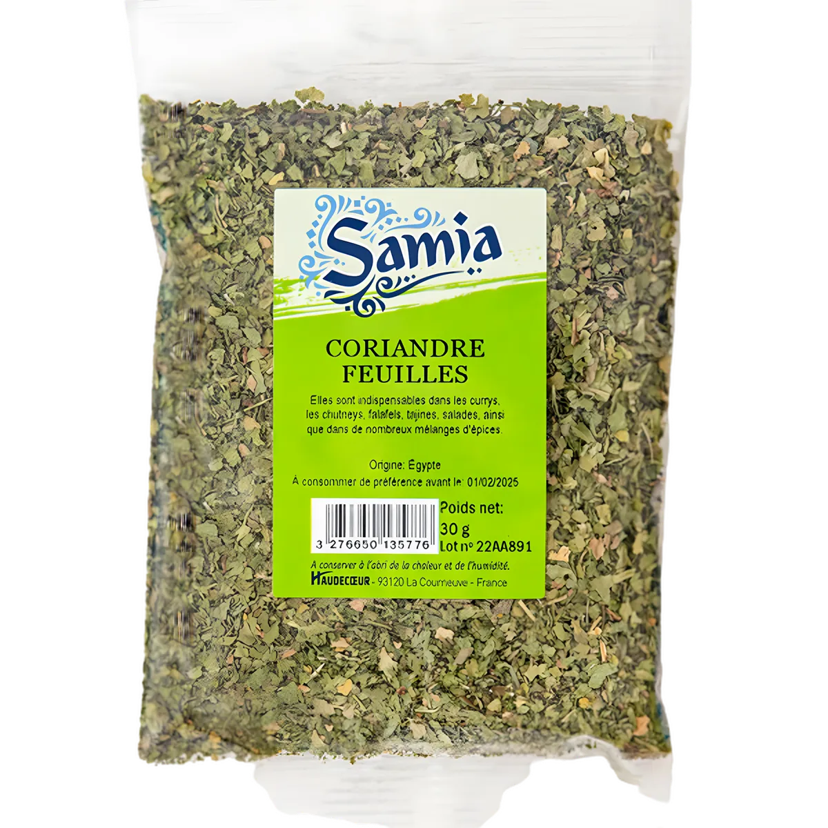Coriandre en feuilles SAMIA - Séchées en sachet de 30g, idéale pour assaisonner plats et sauces. Arôme citronné, longue conservation.