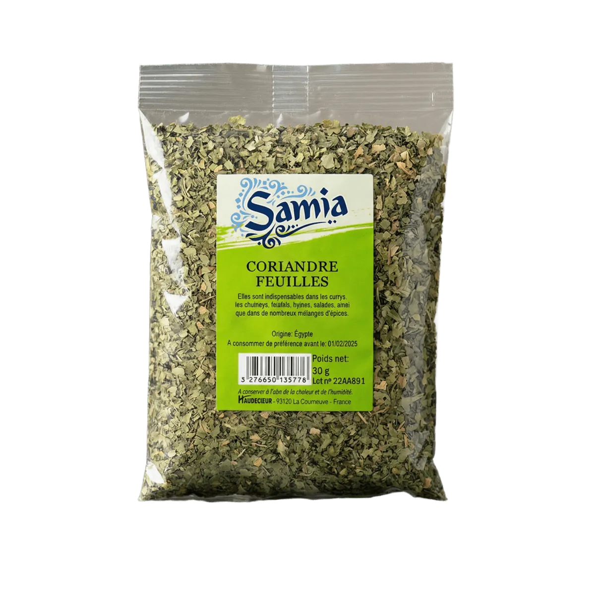 Bolsa de hojas de cilantro Samia (30g) sobre fondo negro. Empaque verde y blanco.
