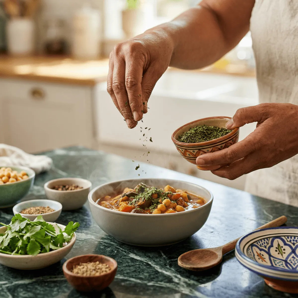 Coriandre en feuilles SAMIA. Une personne assaisonne un plat de pois chiches avec de la.
