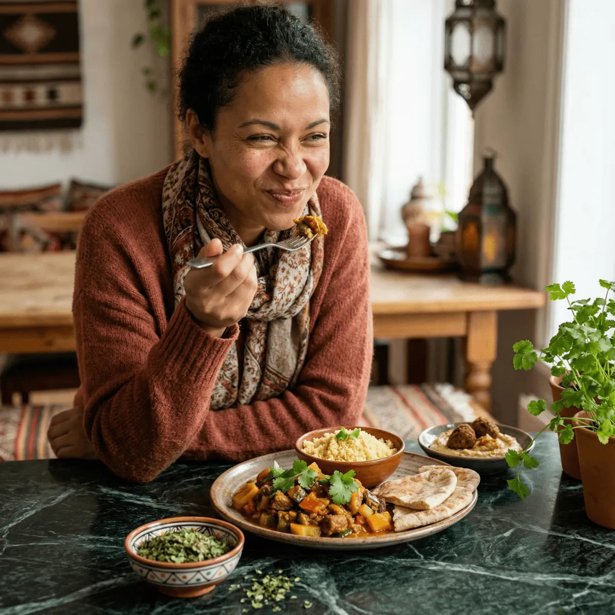 Coriandre SAMIA. Femme mangeant un plat avec coriandre fraîche, table avec couscous, pain.