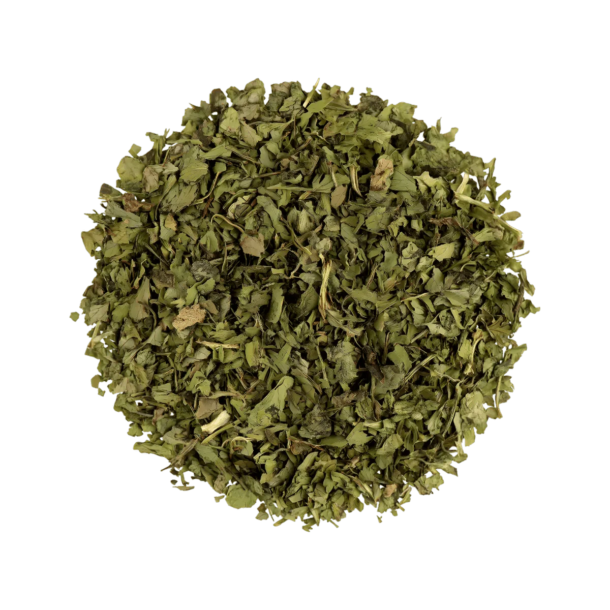 Feuilles de coriandre séchées en lot, de SAMIA, formant un cercle sur fond vert uni.
