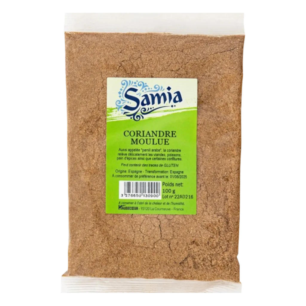 Coriandre moulue SAMIA en sachet de 100g, épice fine parfumée idéale pour assaisonner vos plats avec une touche douce et citronnée.