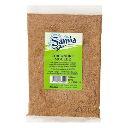 Coriandre moulue SAMIA en sachet de 100g, épice fine parfumée idéale pour assaisonner plats orientaux et méditerranéens. Épicerie salée de qualité.