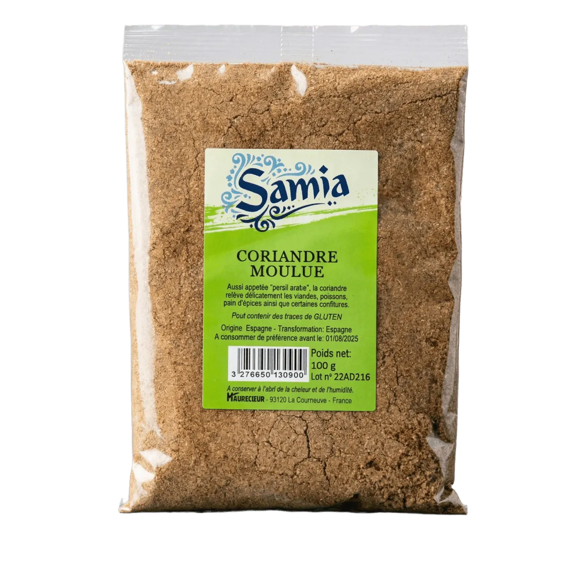 Bolsa de cilantro molido Samia (100g) sobre fondo negro. La etiqueta indica origen España.
