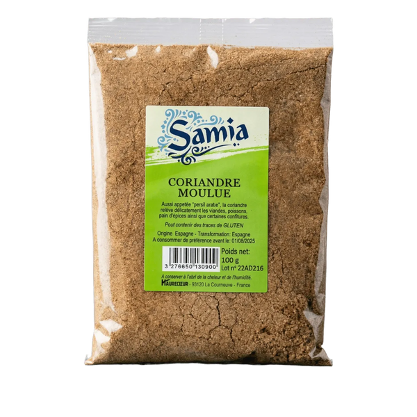 Sachet de coriandre moulue Samia (100g) sur fond noir. L'étiquette indique l’origine Espagne.