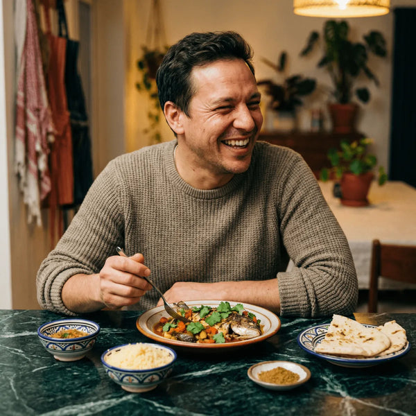 Coriandre moulue SAMIA, homme souriant devant plat de poisson et accompagnements.