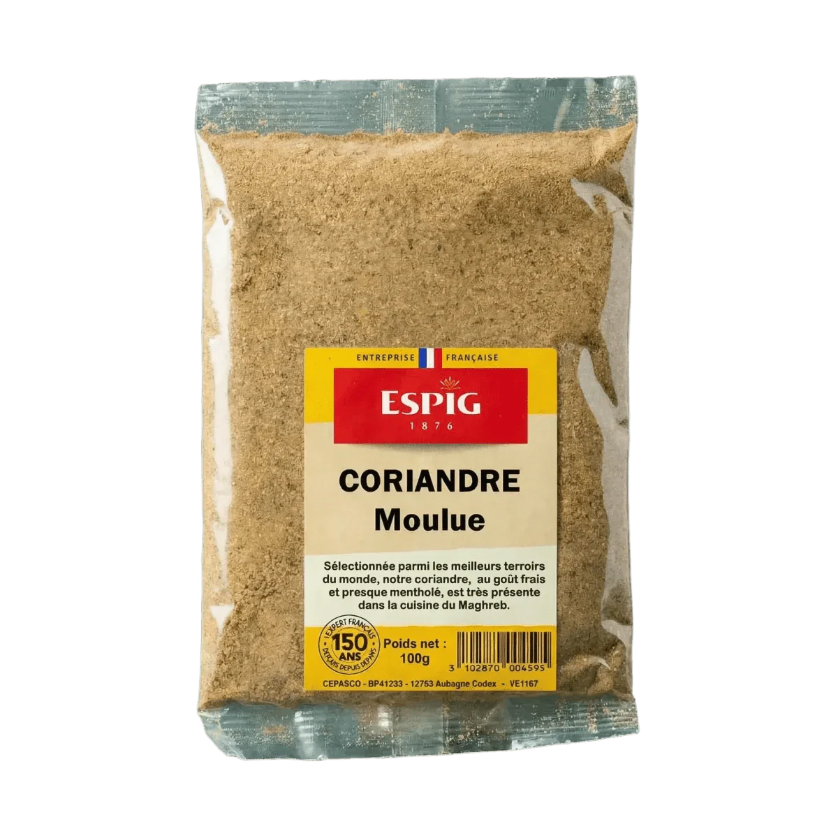 Sachet de coriandre moulue ESPIG, avec son étiquette détaillant le produit et la marque.