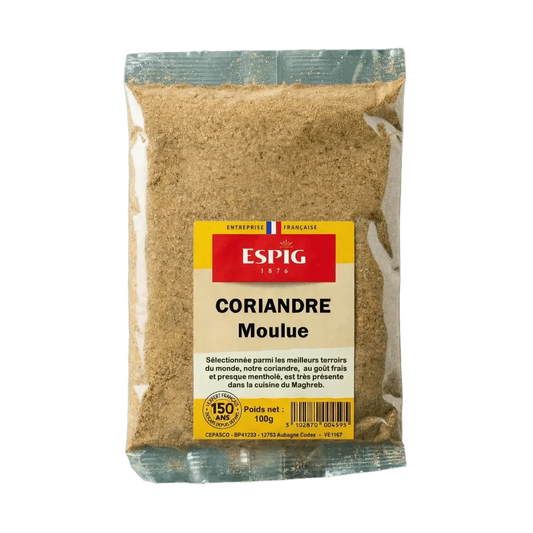 Sachet de coriandre moulue ESPIG, avec son étiquette détaillant le produit et la marque.