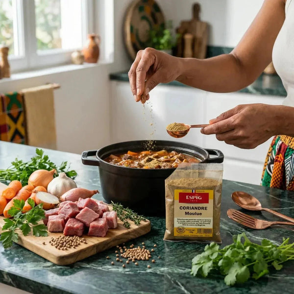 Préparation d'un plat cuisiné avec coriandre moulue ESPIG. Ingrédients frais.