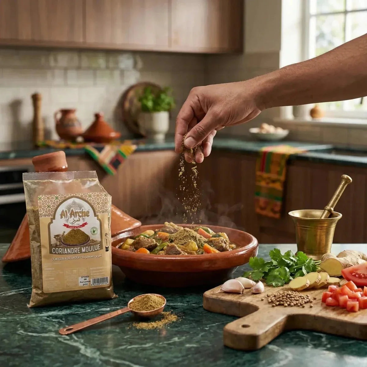 Al'Arché gemalen koriander bestrooid over een stoofgerecht. Verse ingrediënten, koperen vijzel.