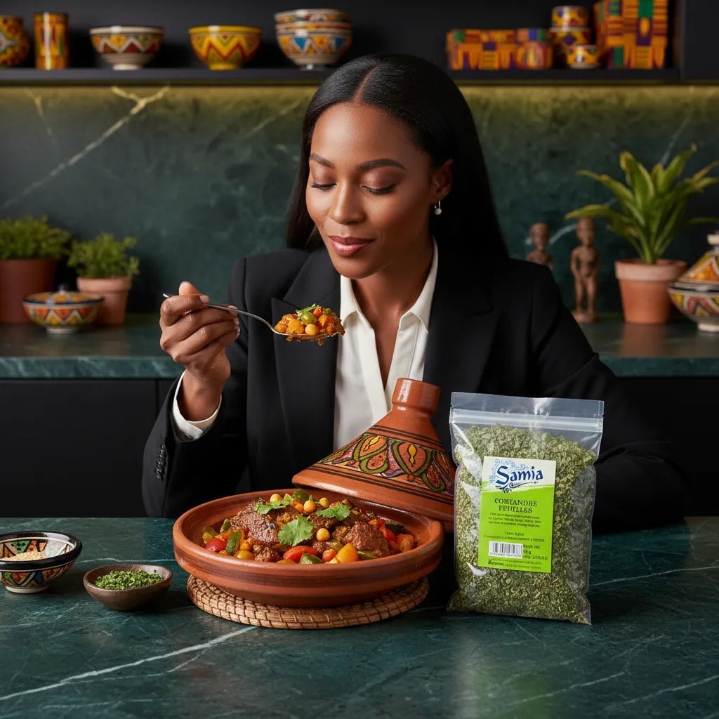 Coriandre en feuilles SAMIA à côté d’un tajine dégusté. Parfum subtil et arôme préservé, parfaite pour cuisine traditionnelle et épicerie salée.