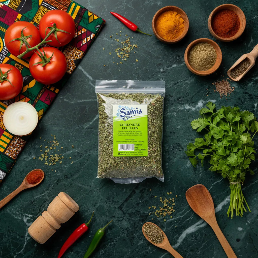 Coriandre en feuilles SAMIA posée sur un plan de travail avec épices et légumes. Ingrédient essentiel pour cuisine orientale et épicerie salée.