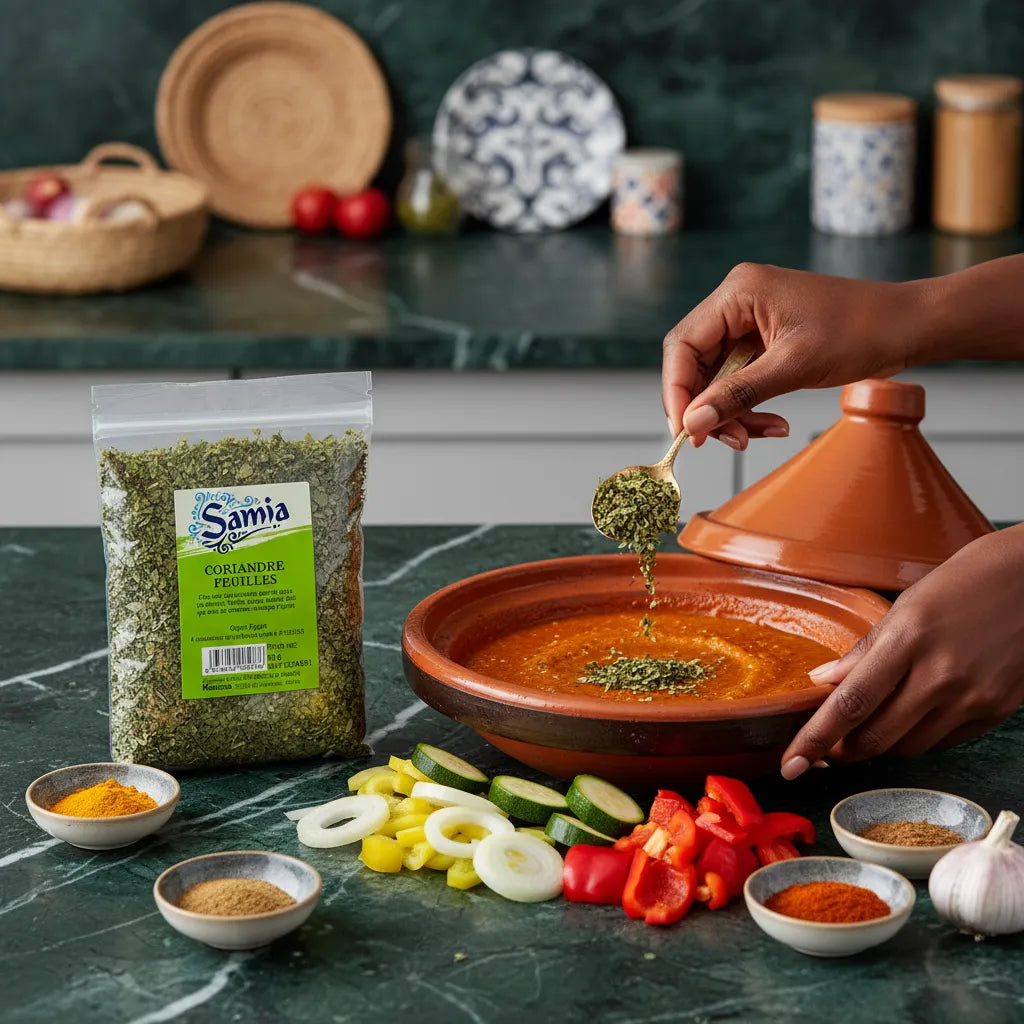 Coriandre en feuilles SAMIA ajoutée à un tajine maison. Parfaite pour rehausser les saveurs avec ses notes citronnées et sa longue conservation.