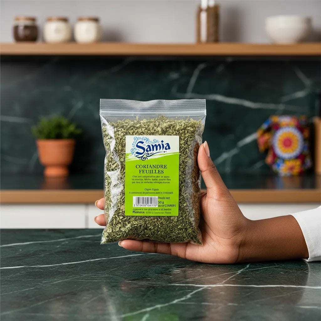 Sachet de coriandre en feuilles SAMIA tenu à la main, format pratique 30g. Herbe séchée idéale pour plats mijotés et assaisonnements durables.