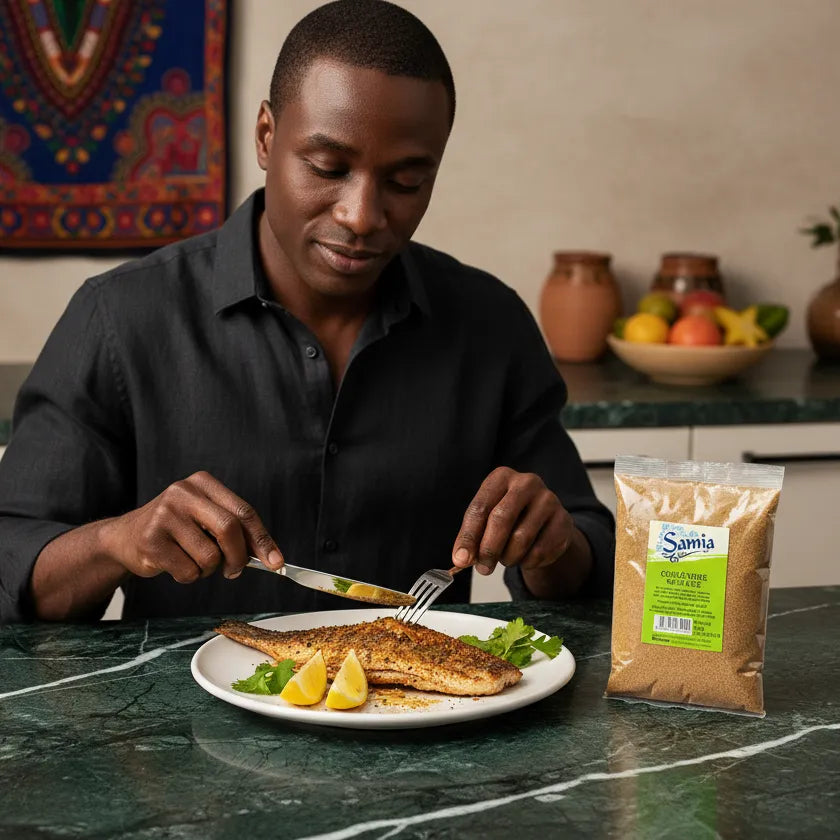 Homme dégustant un poisson assaisonné avec coriandre moulue SAMIA, épice fine parfaite pour sublimer les plats de poisson et fruits de mer.