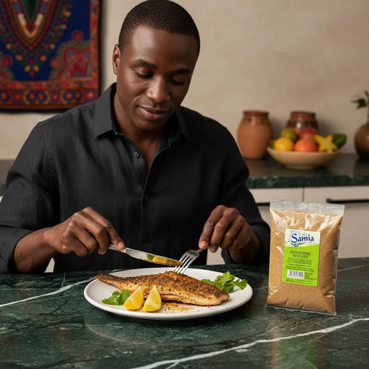 Homme dégustant un poisson assaisonné avec coriandre moulue SAMIA, épice fine parfaite pour sublimer les plats de poisson et fruits de mer.
