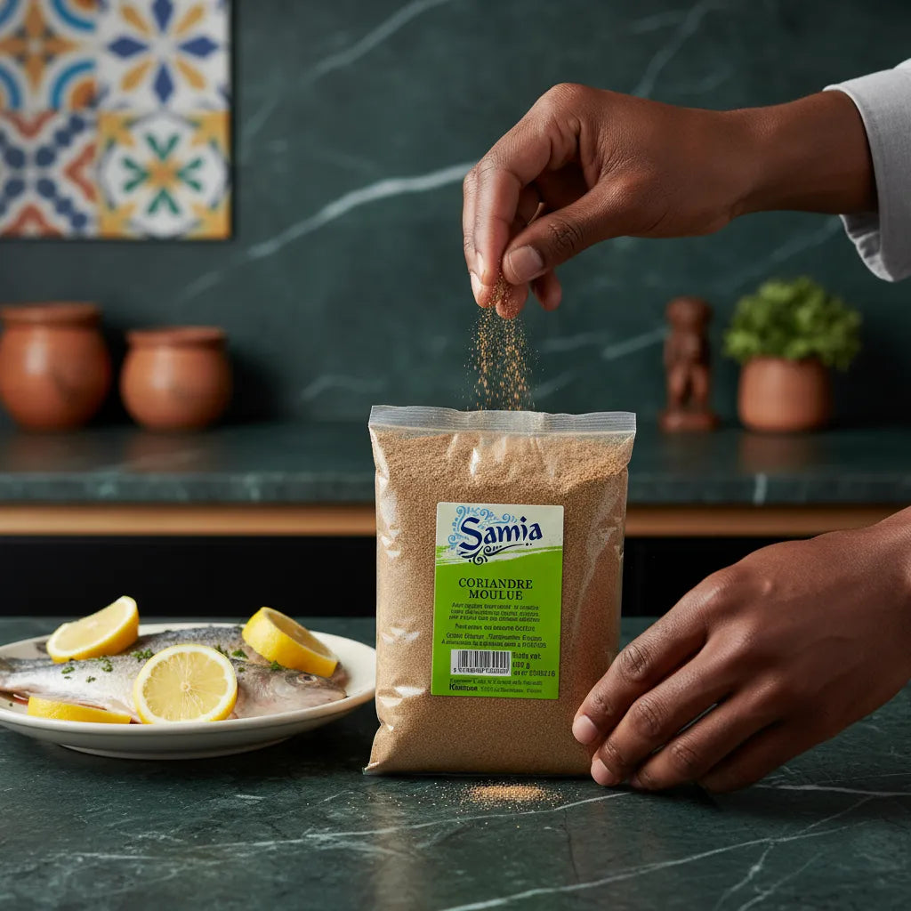 Main saupoudrant de la coriandre moulue SAMIA sur un plat de poisson, épice fine au goût doux et citronné pour une cuisine savoureuse.