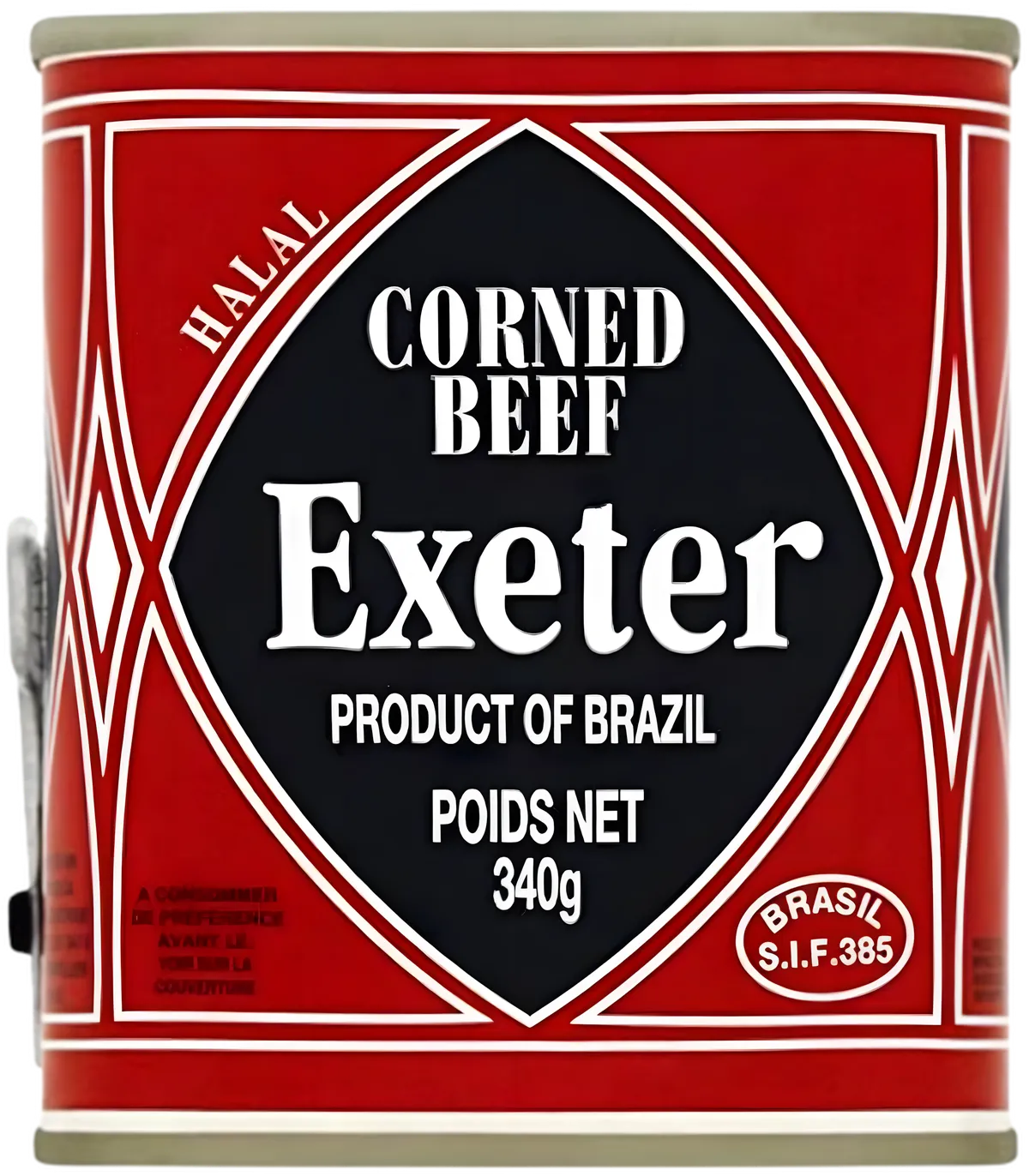Corned Beef EXETER 340g en conserve, produit halal du Brésil, emballage rouge emblématique pour épicerie salée prête à l'emploi.