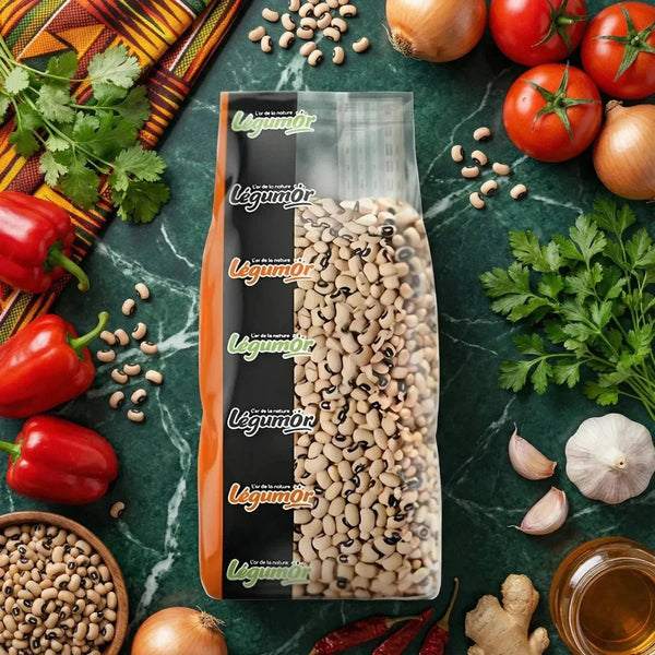Cornilles LEGUMOR in its packaging, surrounded by fresh ingredients and African fabric.