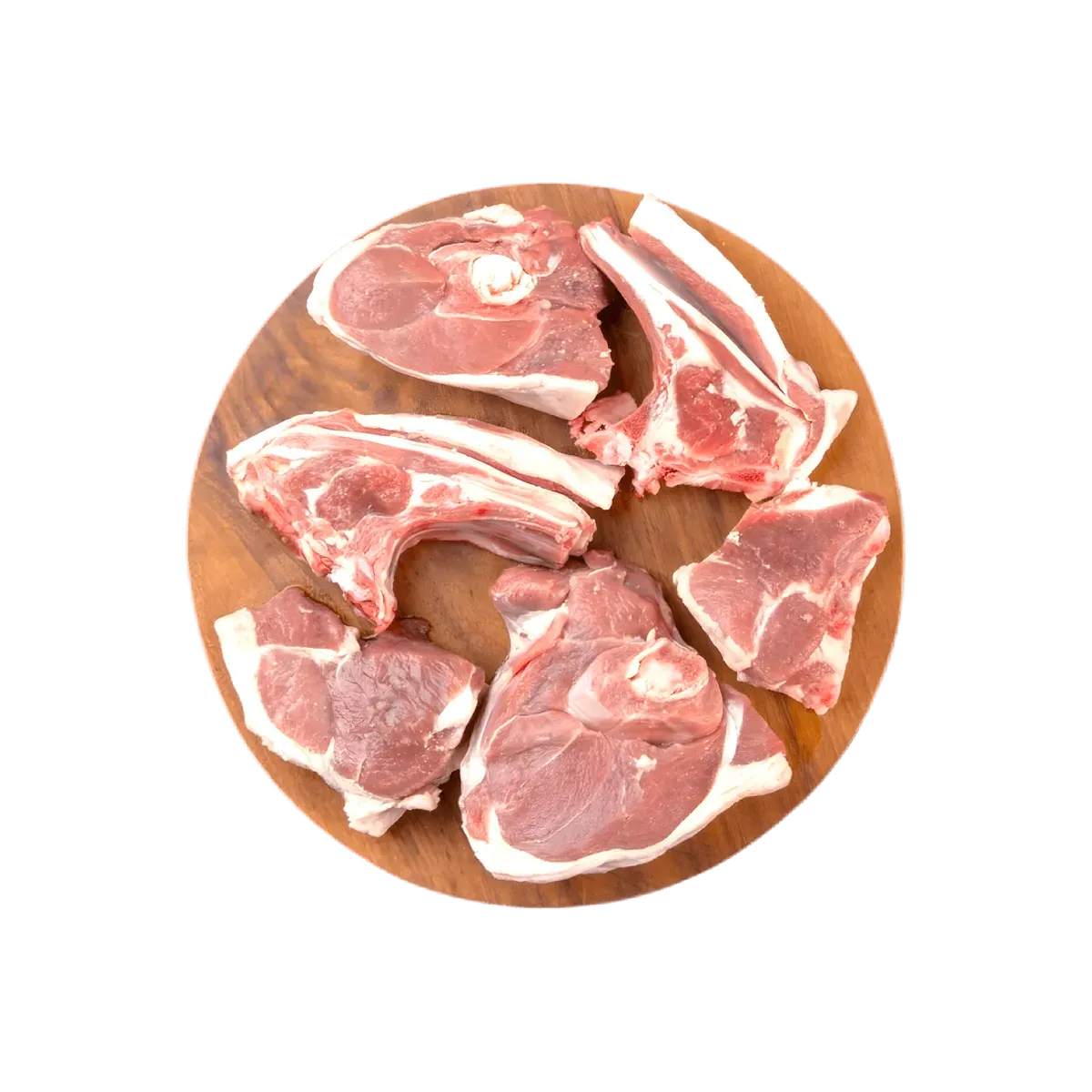 Assortiment de côtes de porc avec os sur planche ronde en bois, parfaites pour une cuisson savoureuse. Viande fraîche et juteuse à griller.