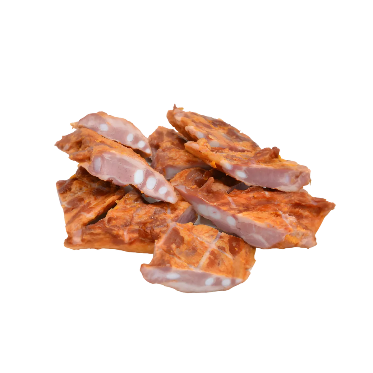 Côtis de porc fumé tranchés, viande surgelée à la texture tendre et à la couleur rouge fumée, idéale pour grillades ou plats mijotés.