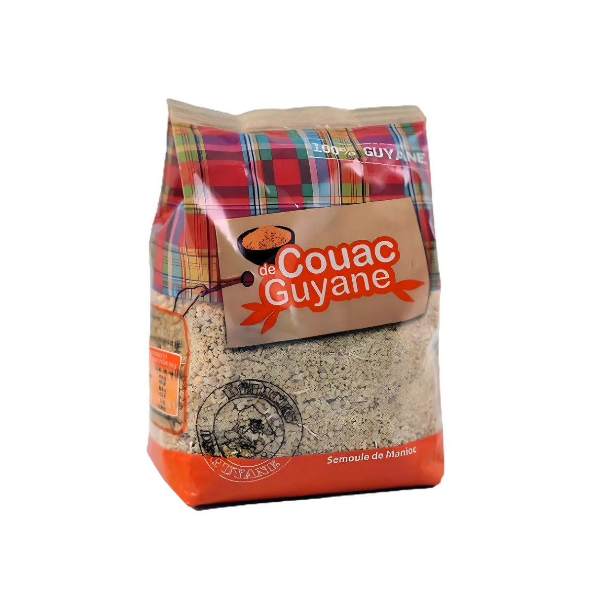 Couac DÉLICES DE GUYANE - Semoule Manioc Guyane en sachet transparent avec motif madras, produit artisanal d'épicerie salée.