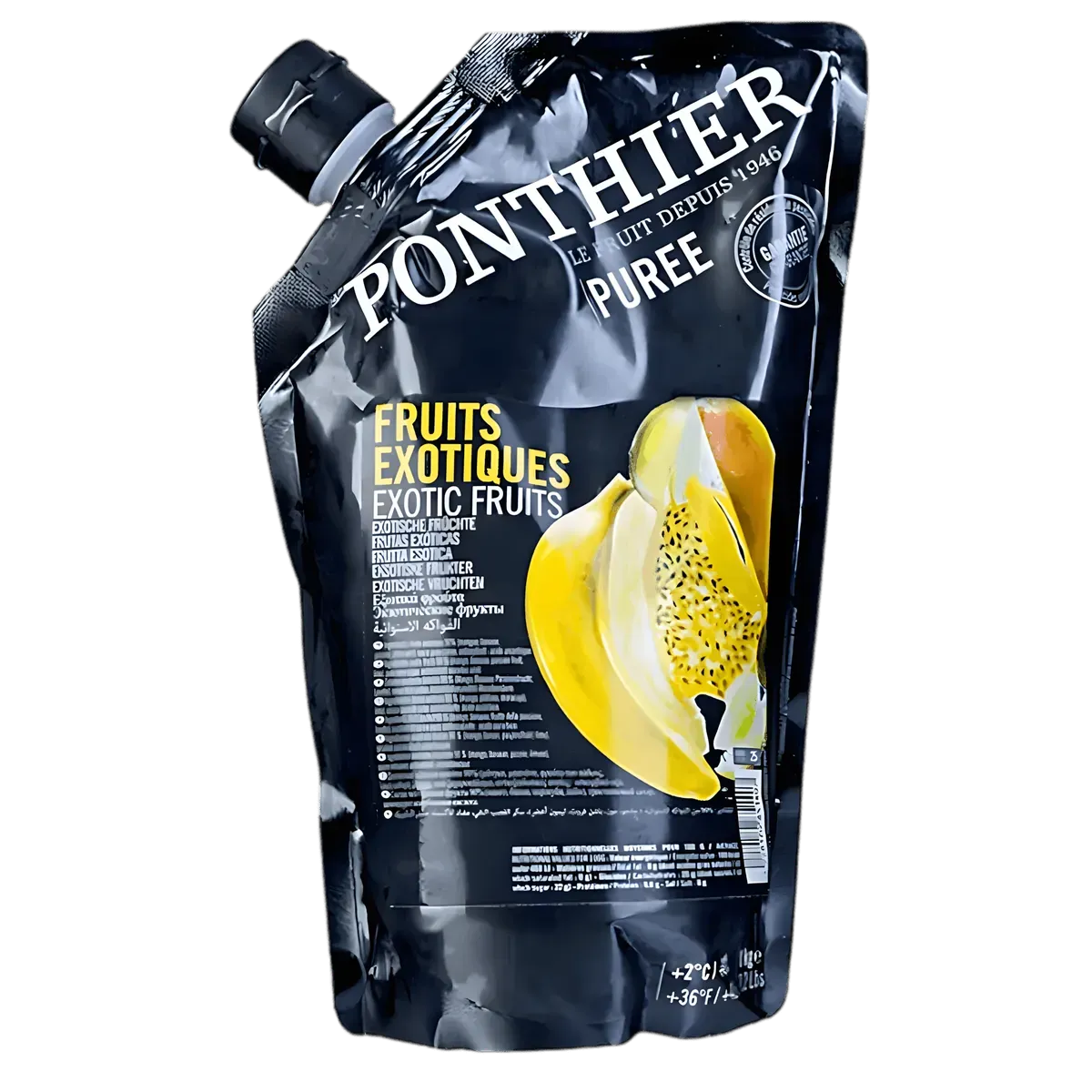 Coulis de Fruits Exotiques PONTHIER - Fruits Tropicaux en doypack noir avec visuel de mangue, banane et fruit de la passion. Idéal pour desserts sucrés.