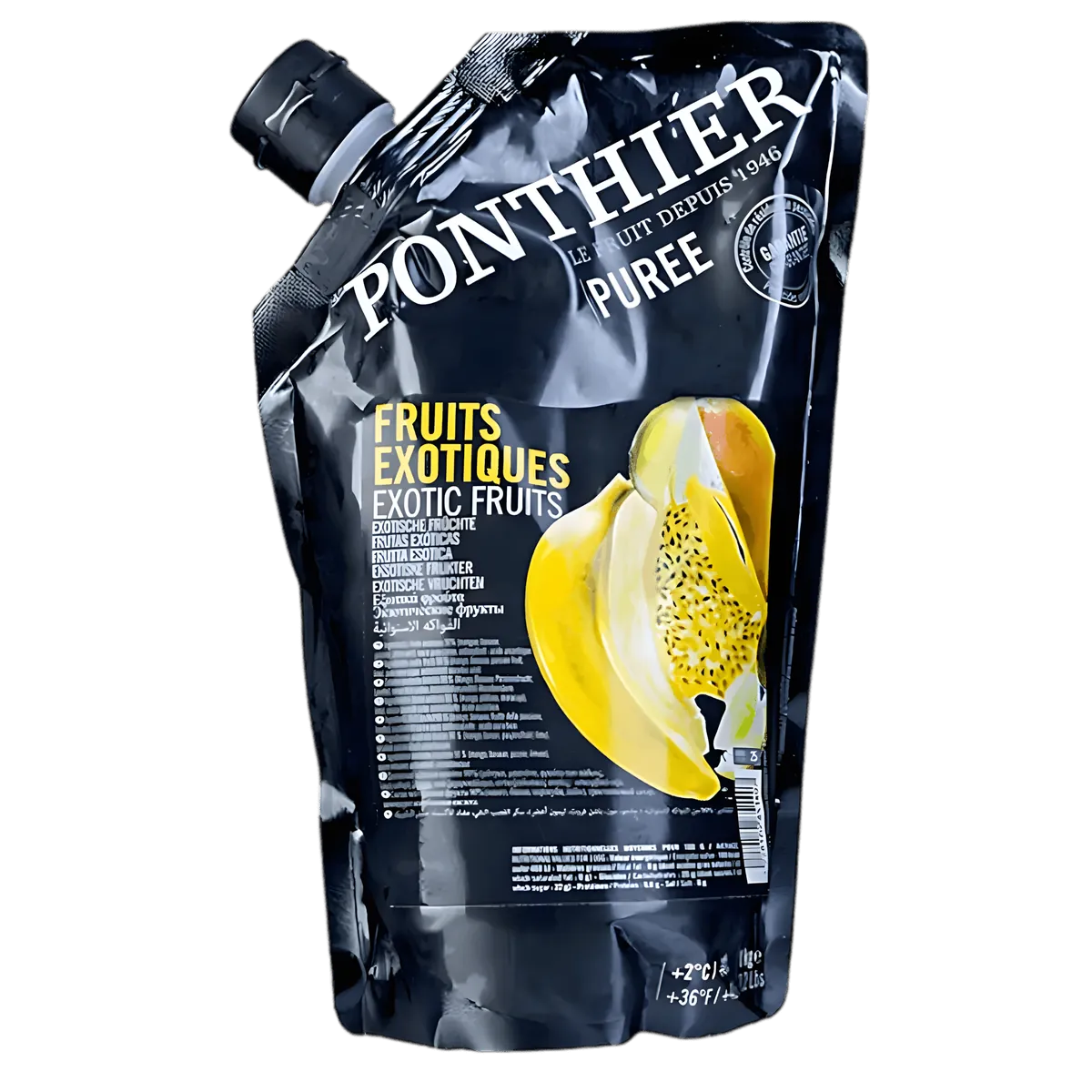 Coulis de Fruits Exotiques PONTHIER - Fruits Tropicaux en sachet refermable, mélange de mangue, banane, passion et citron vert pour desserts.