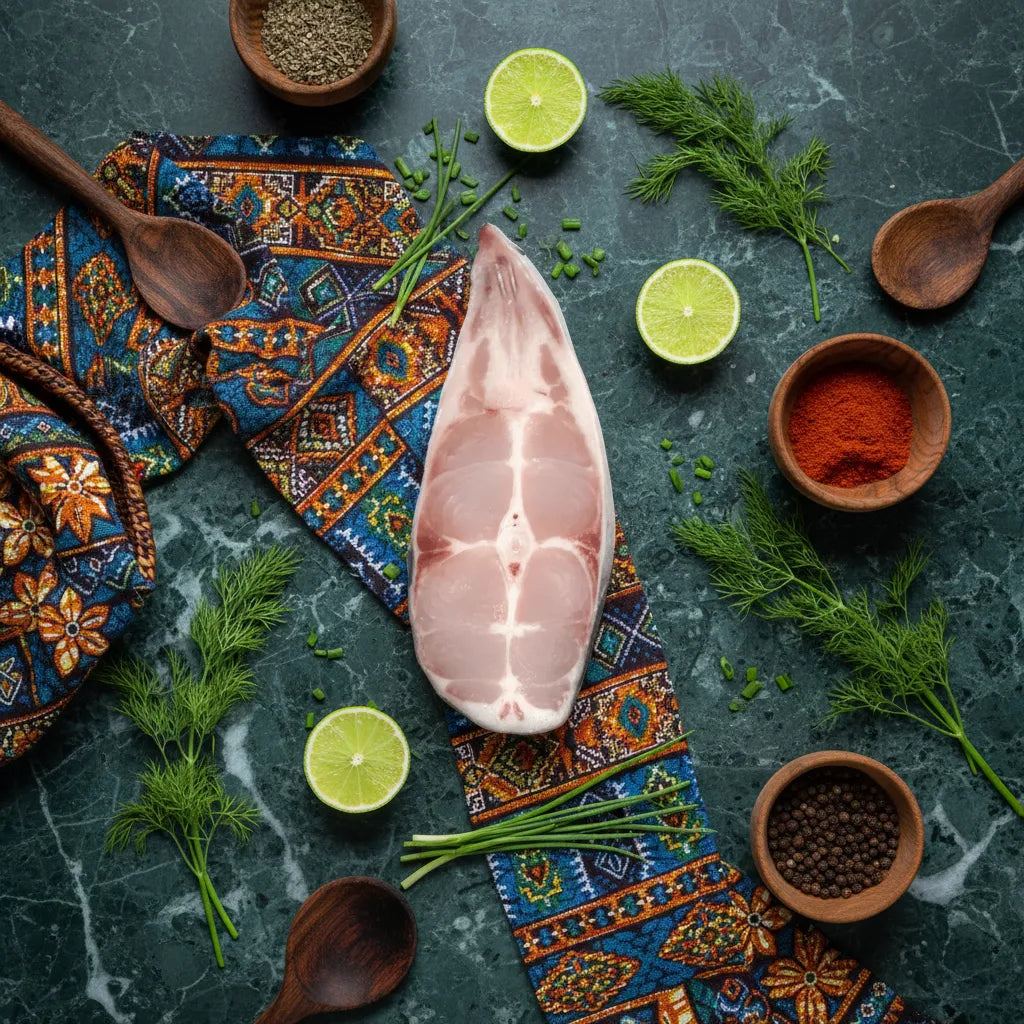 Darne de panga posée sur tissu coloré avec épices, herbes et citron vert. Parfaite pour recettes exotiques et cuisine créative.