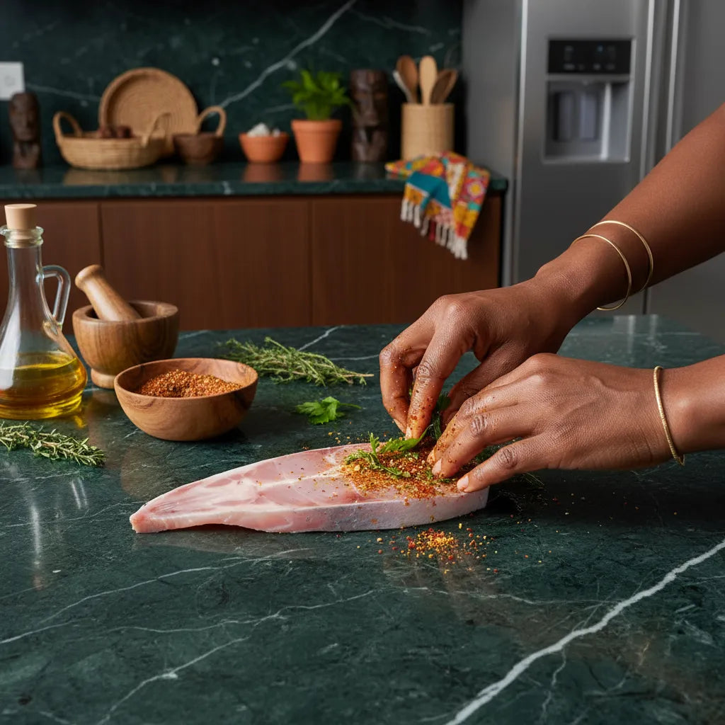 Préparation d'une darne de panga avec assaisonnement maison. Poisson polyvalent pour cuisine saine et gourmande.